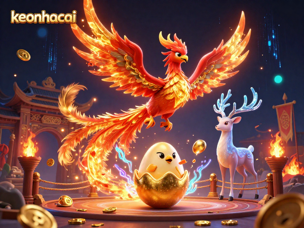 Engage with exciting betting on keonhacai, featuring a vibrant phoenix and casino elements.