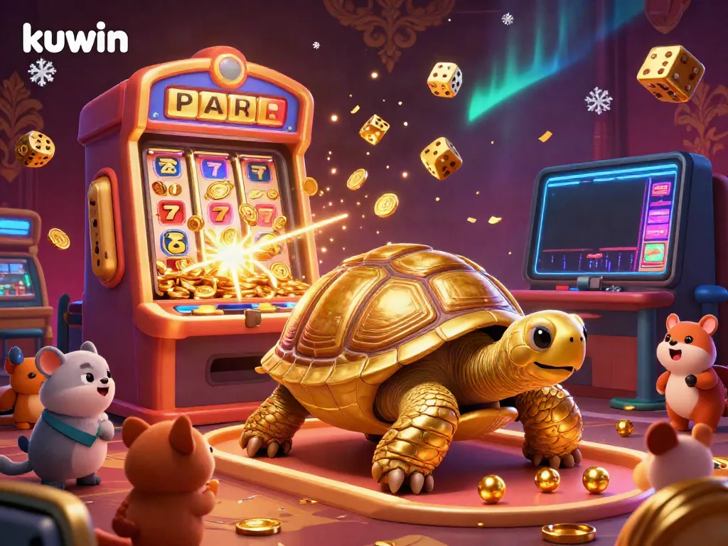 Kuwin's exciting casino scene showcases a golden tortoise pinball machine and vibrant gaming elements.