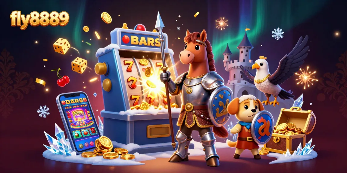 Experience the excitement of fly8889 with a stunning casino-themed illustration of a slot machine and adventurous characters.