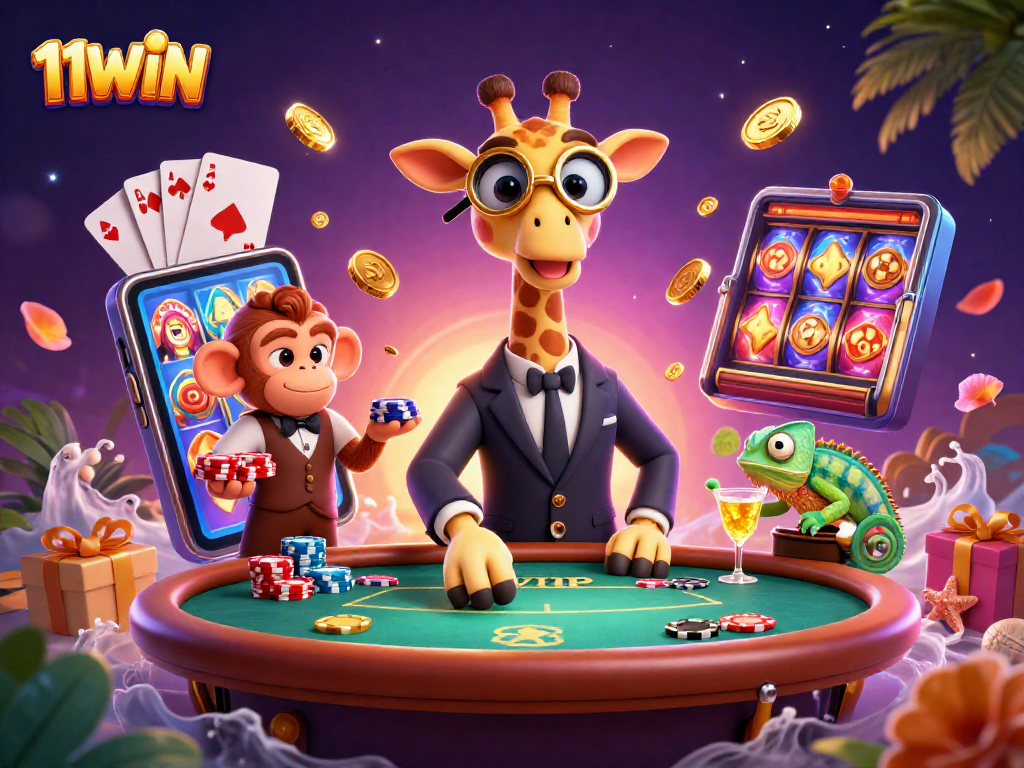11WIN elevates gaming experiences with a lively scene featuring a giraffe gaming at a VIP poker table.