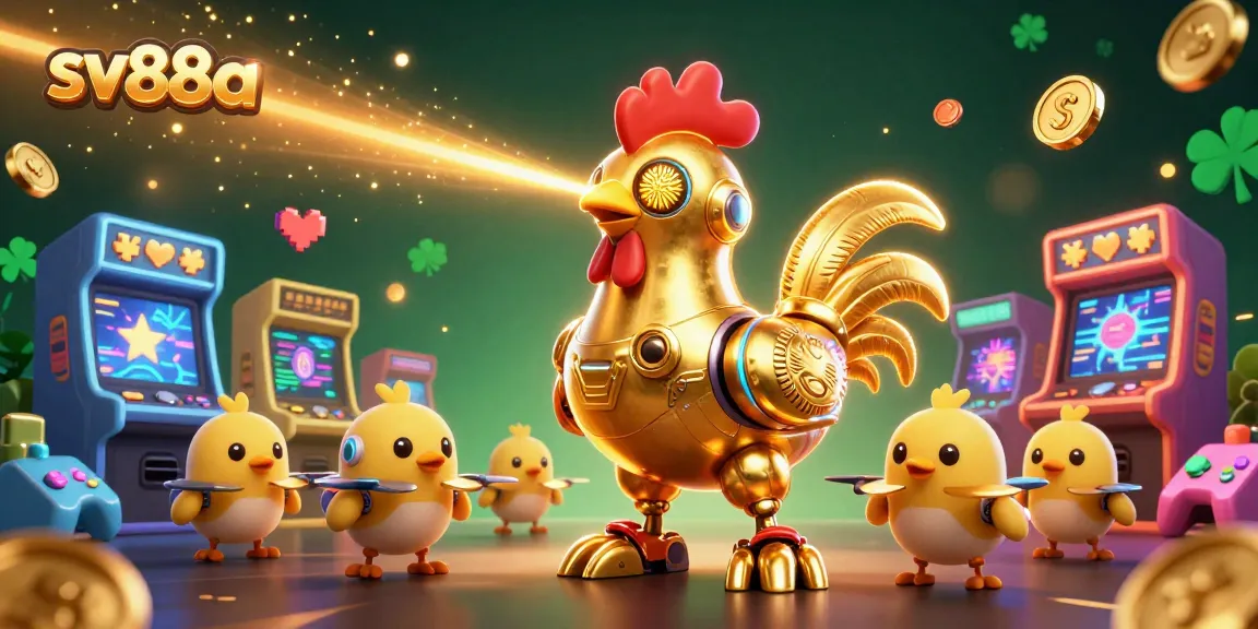 Engage with sv88a's vibrant gaming experience featuring a futuristic rooster robot and baby chick drones.