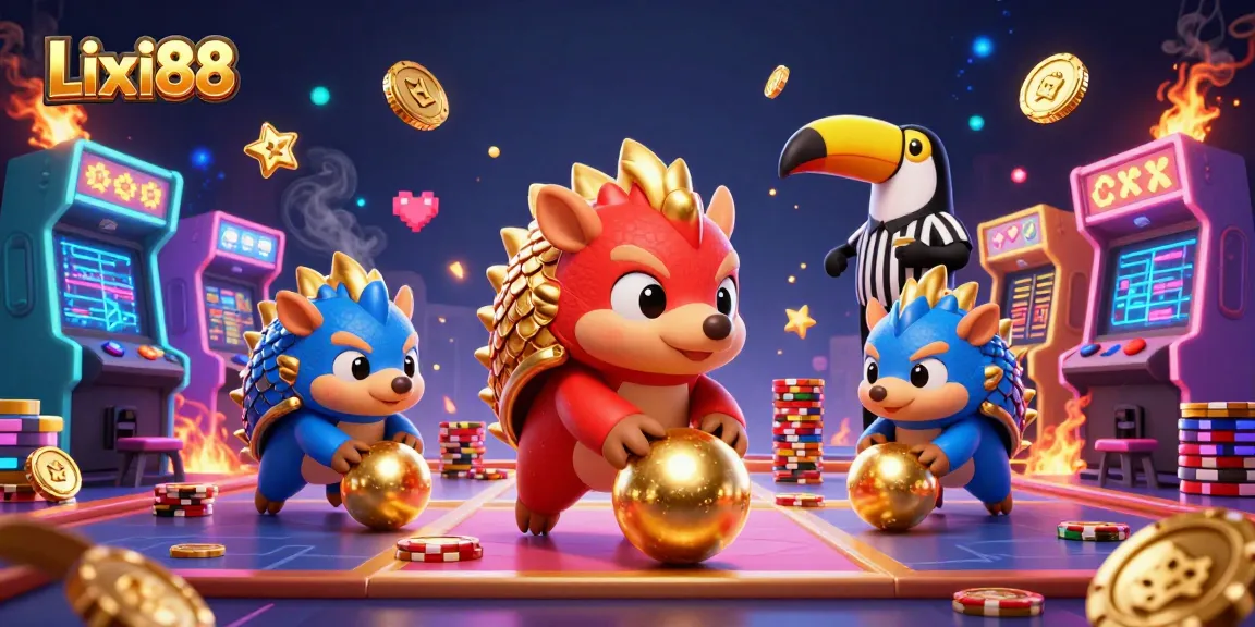 Lixi88 pangolins compete in a vibrant casino scene, rolling through poker chips to ace the game.