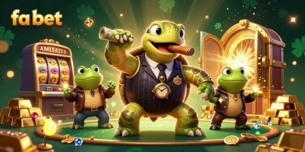 Enter the thrilling world of fa bet with a vibrant 3D cartoon scene showcasing a mobster turtle, action, and golden treasures.