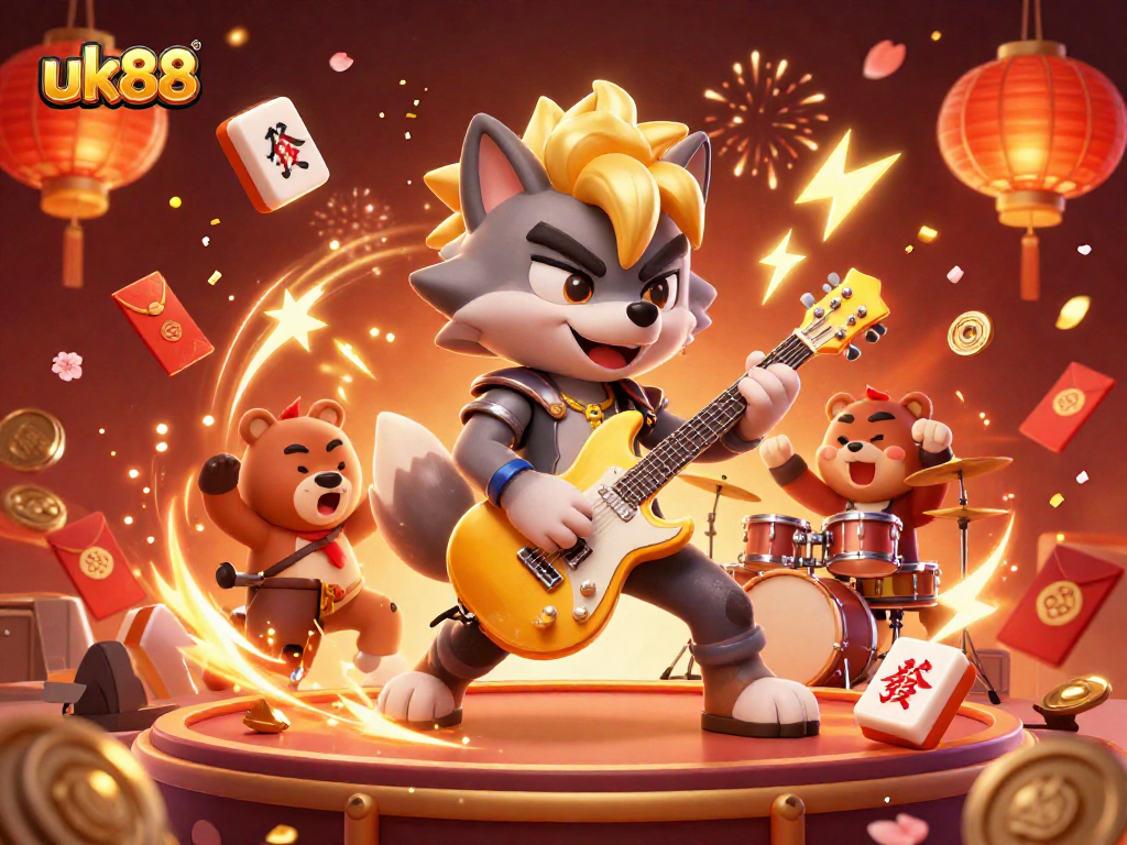 Experience the excitement of uk88 with a dynamic casino scene featuring animated characters and festive elements.