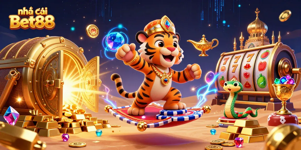 Experience the thrilling world of Nhà cái Bet88 with a vibrant 3D casino illustration showcasing diverse gaming elements.