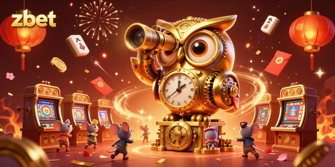 Experience zbet's vibrant casino world with a dynamic scene featuring a golden owl and whimsical patrons.