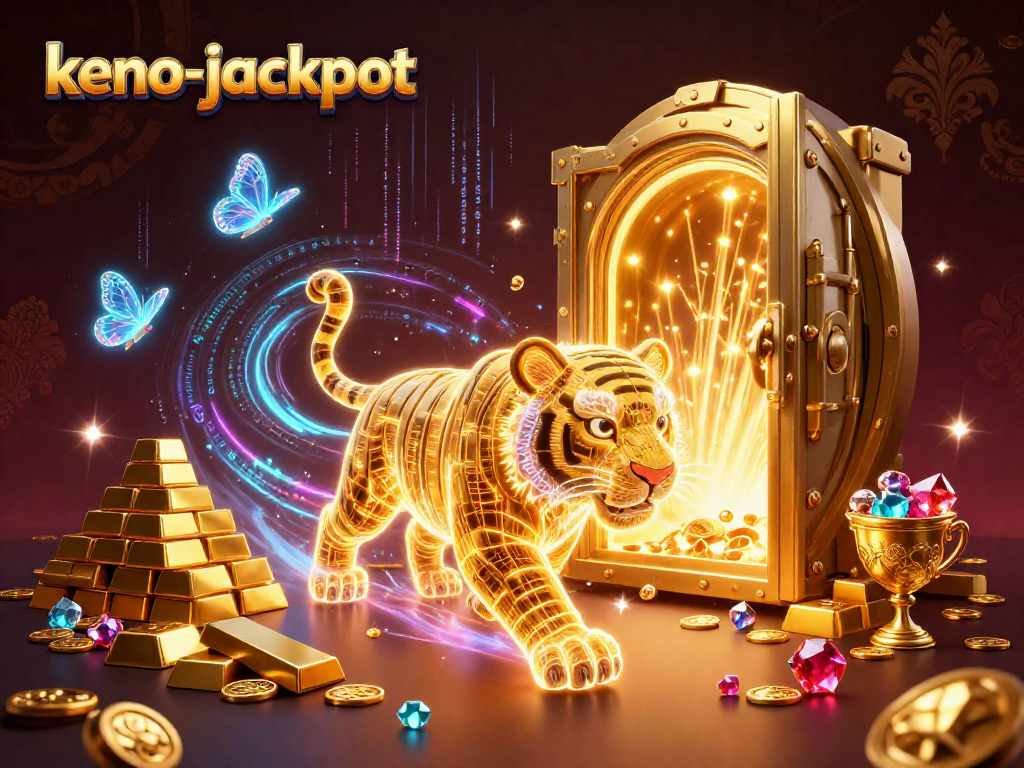 Experience the thrill of keno-jackpot with a vibrant casino scene featuring a golden tiger and treasures.