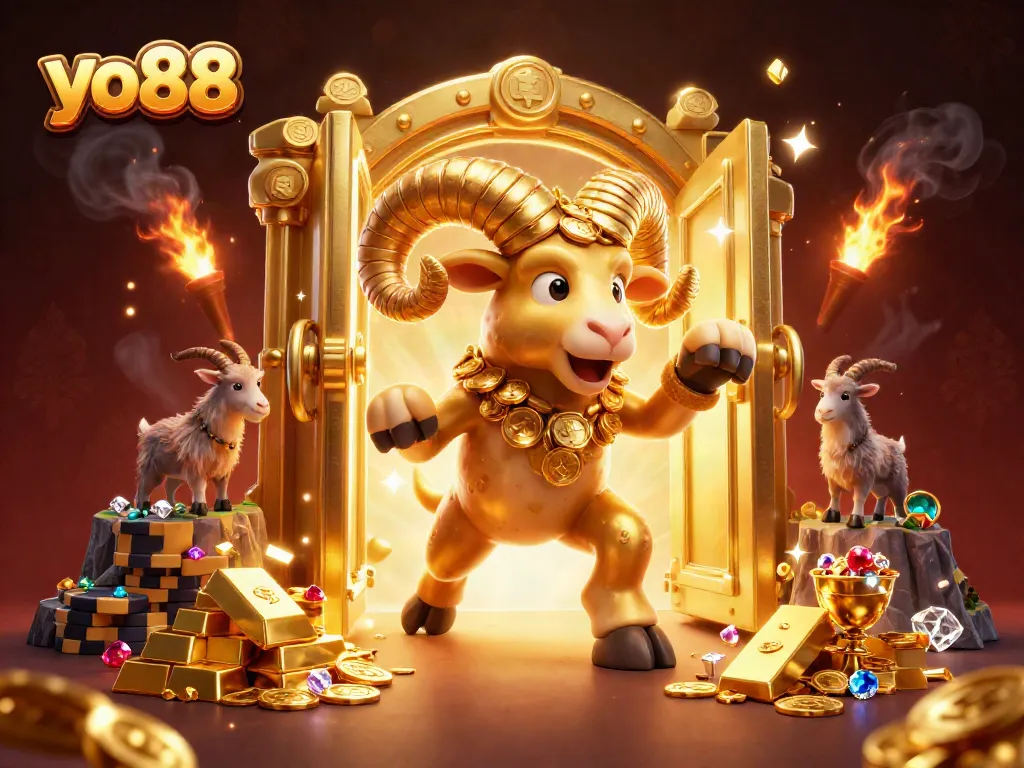 Experience thrilling gameplay at yo88 featuring a golden ram charging towards riches in an exciting casino atmosphere.