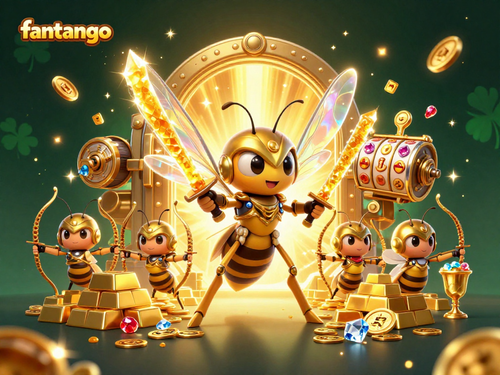 Experience the thrilling world of fantango with a dynamic scene featuring a giant hornet and golden treasures.