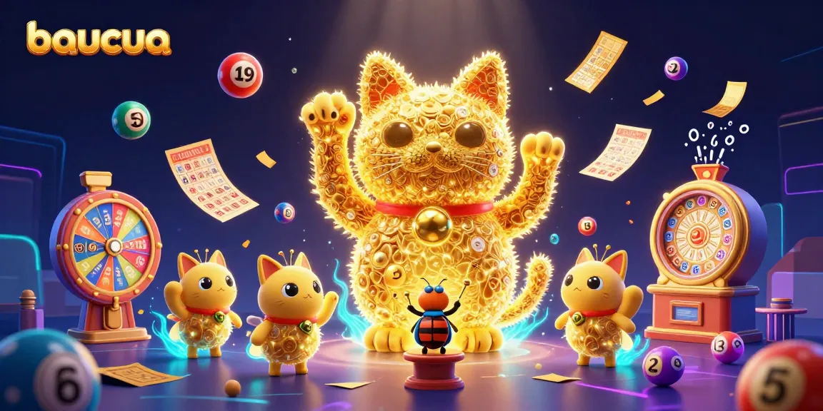 Baucua showcases the vibrant energy of a lucky cat surrounded by colorful lottery elements in a dynamic casino scene.