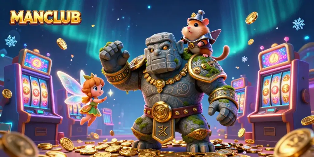 Engage with MANCLUB's exciting world of colorful slots and golden coins.