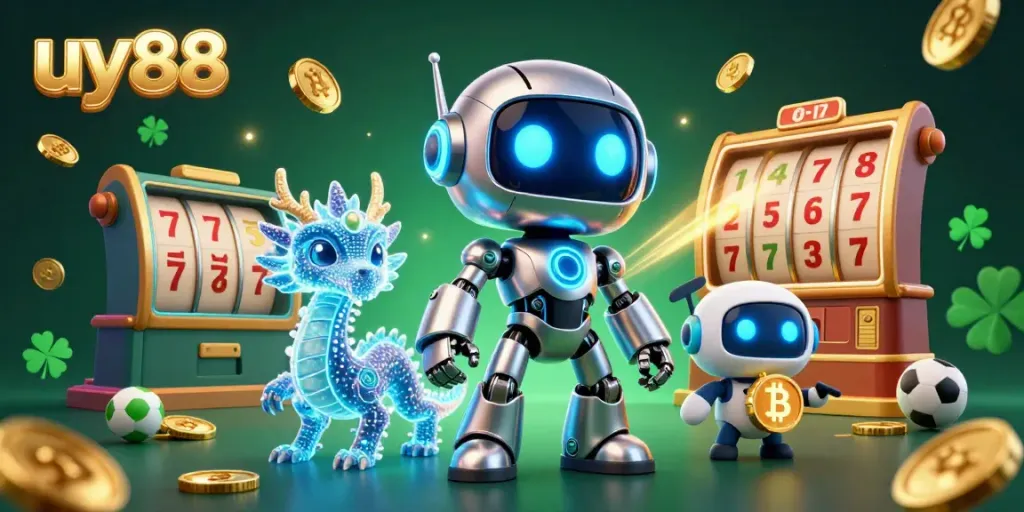 Engage with uy88's thrilling gaming action featuring a cyberpunk robot mascot, AI dragon, and bitcoin drone.
