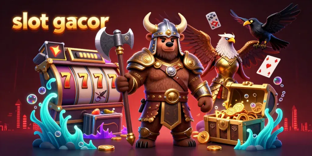 Experience slot gacor with thrilling Viking adventures and vibrant casino elements in a dynamic illustration.