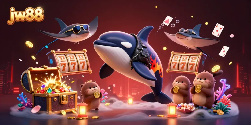 Experience the thrilling dive into jw88's underwater jackpot realm with animated characters and vibrant casino elements.