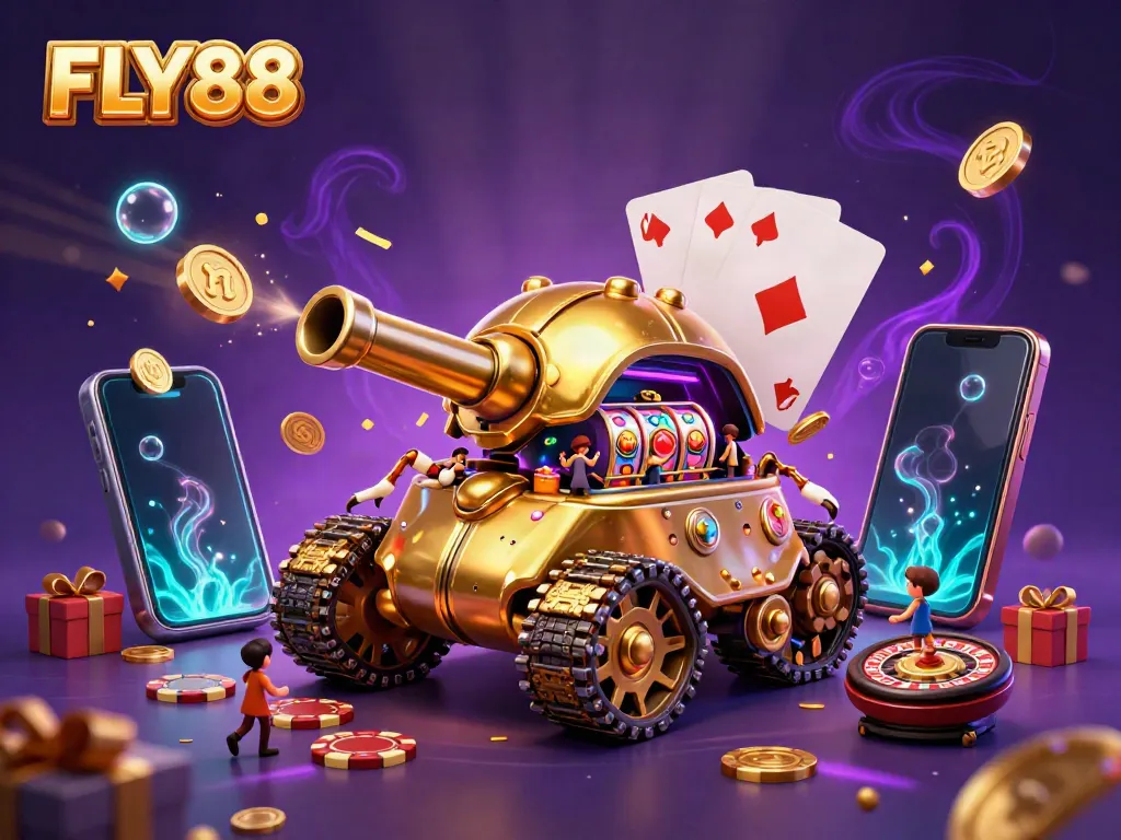 Experience excitement with FLY88’s 3D cartoon casino scene filled with colorful games.