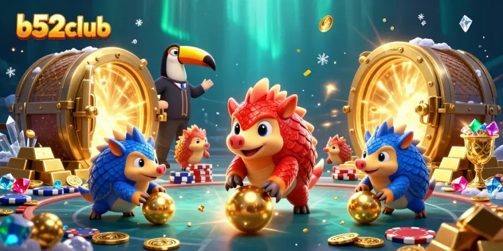 Engage in games with B52Club's lively pangolin rivals bowling through poker chips in this vibrant casino scene.