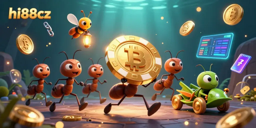 hi88cz illustrates a dynamic heist scene with ants, poker chips, and crypto elements in vivid detail.