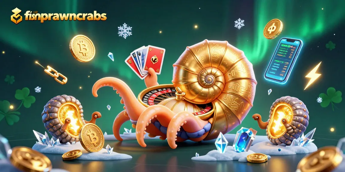 Engage in the fishprawncrabs game with our vibrant nautilus character amidst glowing crypto elements.