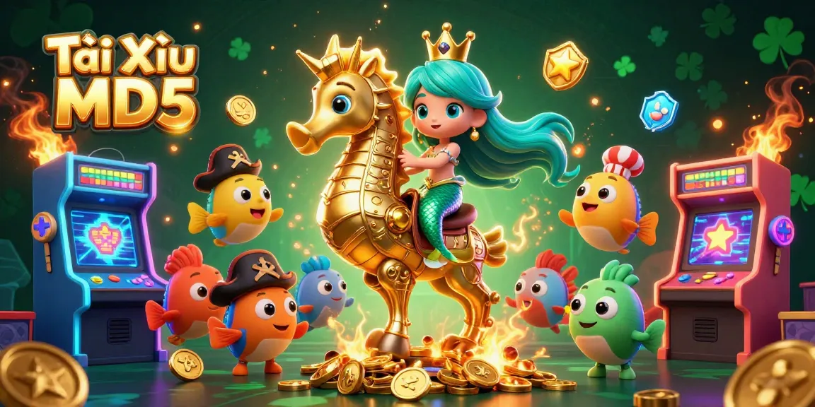 Engage with Tài Xỉu MD5 through a vibrant gaming scene featuring a mermaid princess, a seahorse, and animated game elements.