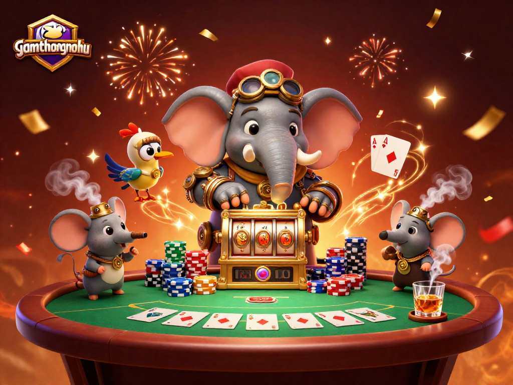 Experience the excitement of gamethuongnohu as a steampunk elephant operates a golden slot machine in a festive casino atmosphere.