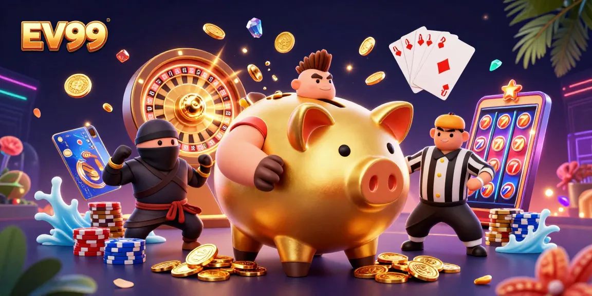 Engage with the EV99 gaming experience featuring a golden piggy bank sumo wrestler surrounded by vibrant casino elements.
