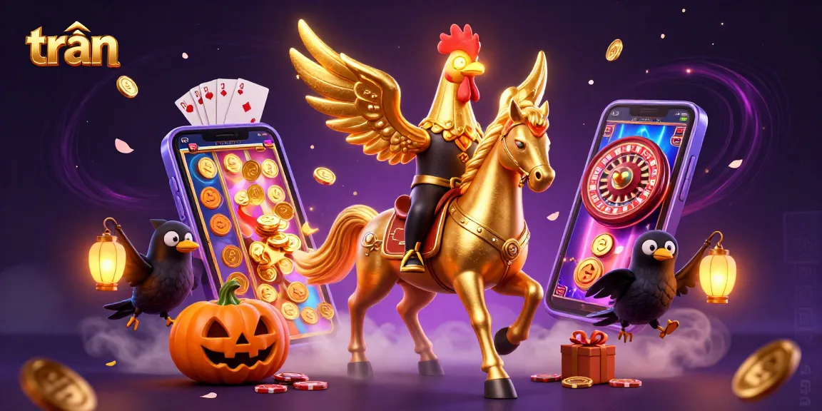 Play to win with trần-themed golden rooster and companions in a vibrant casino scene.