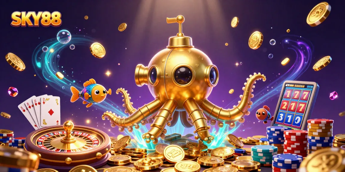 Engage with SKY88's vibrant casino world featuring a golden kraken, dazzling coins, and exciting games.