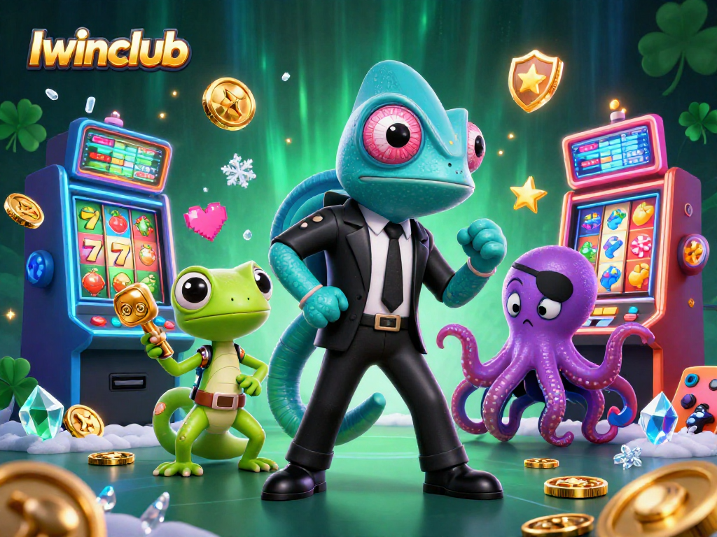 Iwinclub showcases a dynamic casino scene featuring a colorful chameleon and companions amid slot machines.