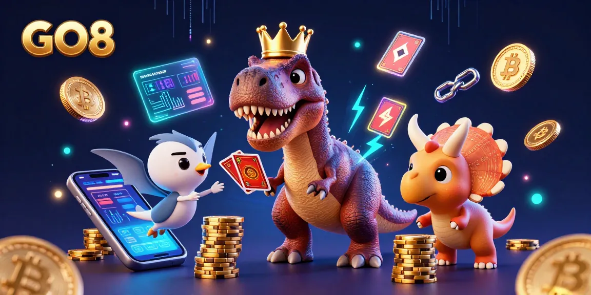 Join the GO8 adventure with a playful T-Rex and friends stacking chips and shuffling cards.