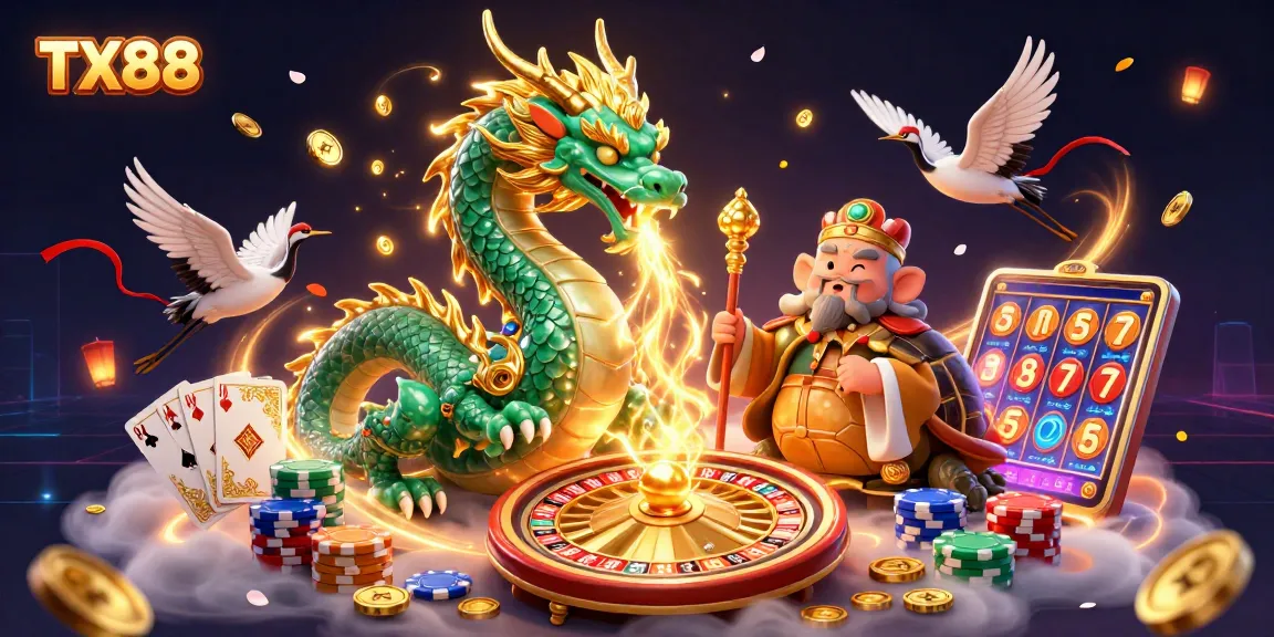 Engage with TX88's vibrant casino world, featuring a jade dragon, sage turtle, and lucky cranes amidst dynamic gaming elements.