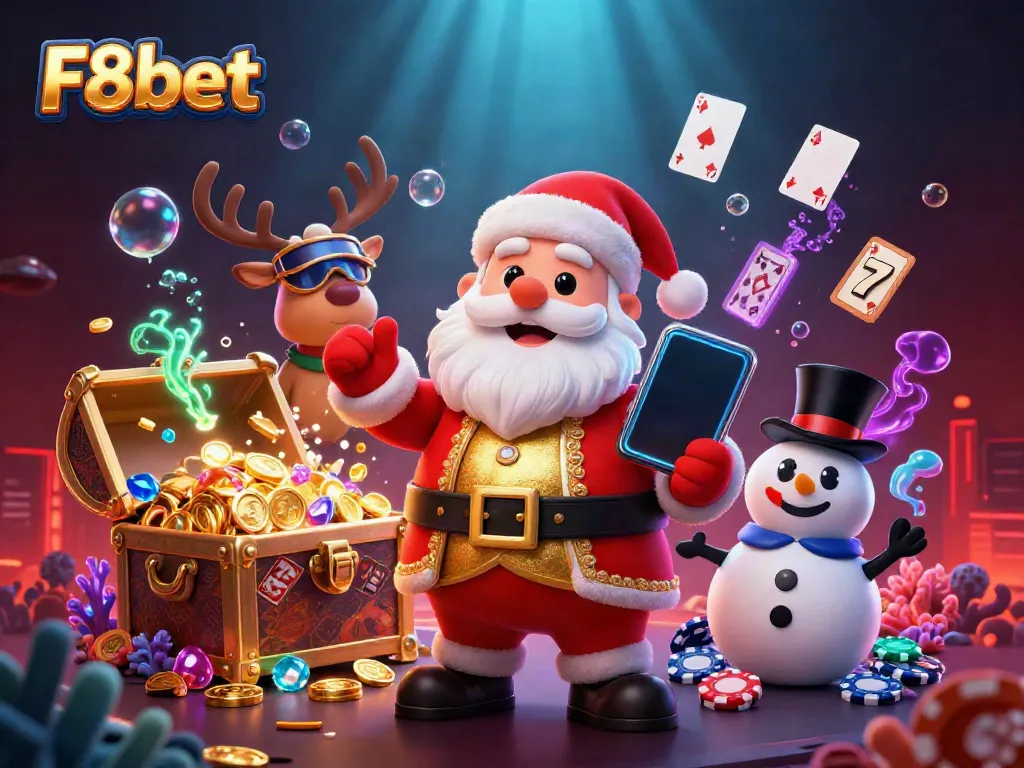 Spin and win big with F8bet in this festive casino scene filled with jackpots, characters, and excitement.