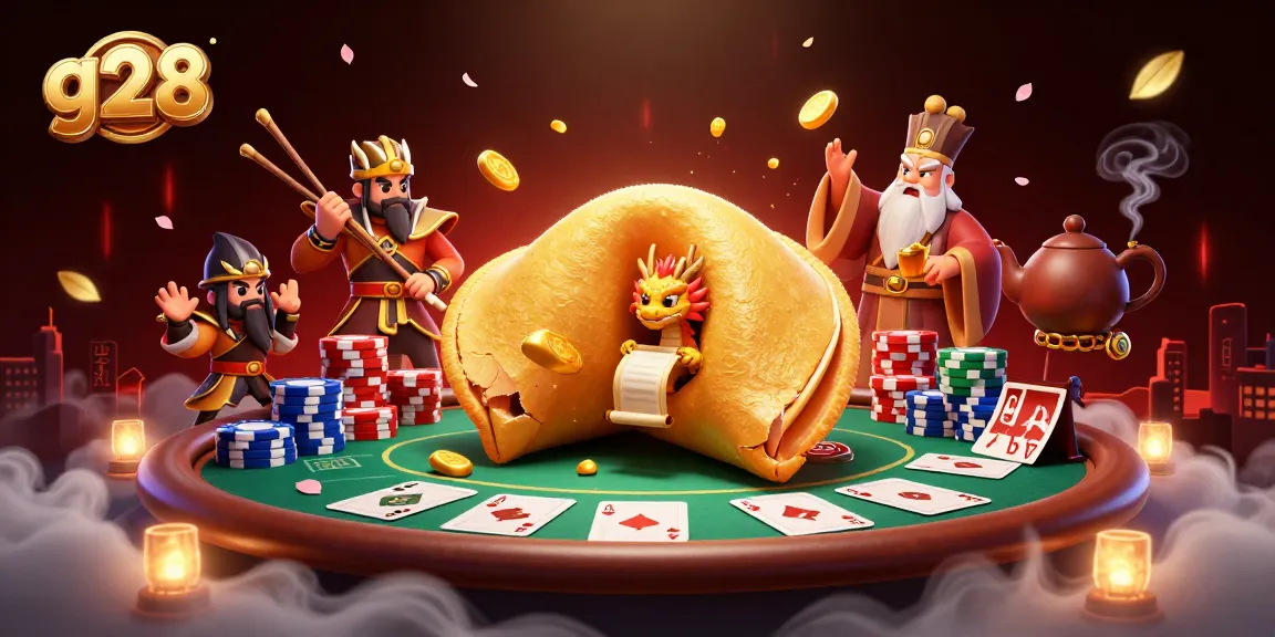 Experience the thrill of g28 with a golden fortune cookie and poker elements in a vibrant casino scene.