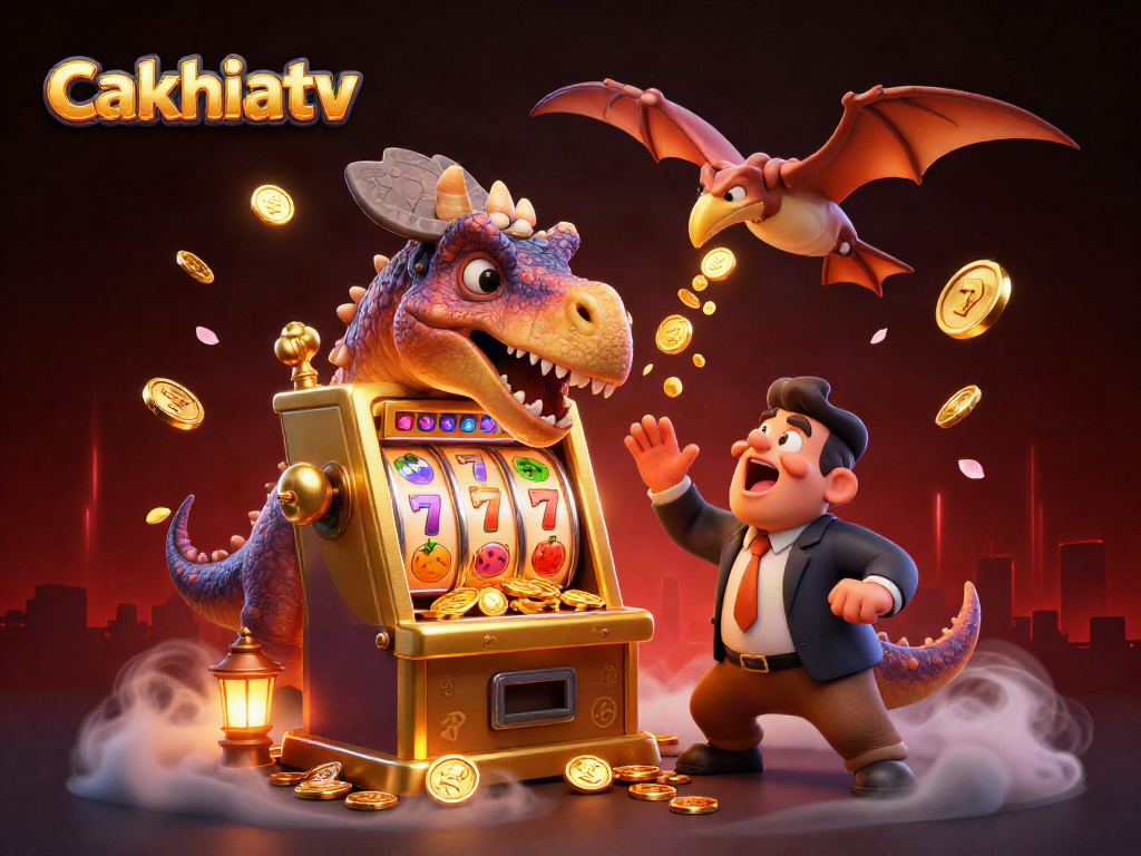 cakhiatv showcases a fun scene with cartoon dinosaurs and golden slots erupting coins