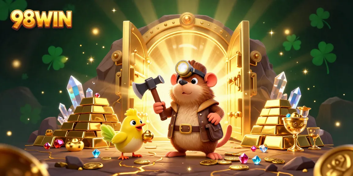 Bet on 98WIN and enjoy a thrilling casino experience with a cartoon mole and treasures.