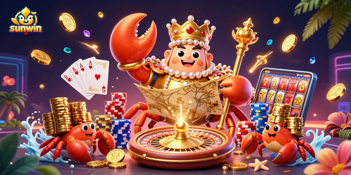 Spin and win at sunwin with an engaging 3D illustration of a golden crab emperor and vibrant casino elements.