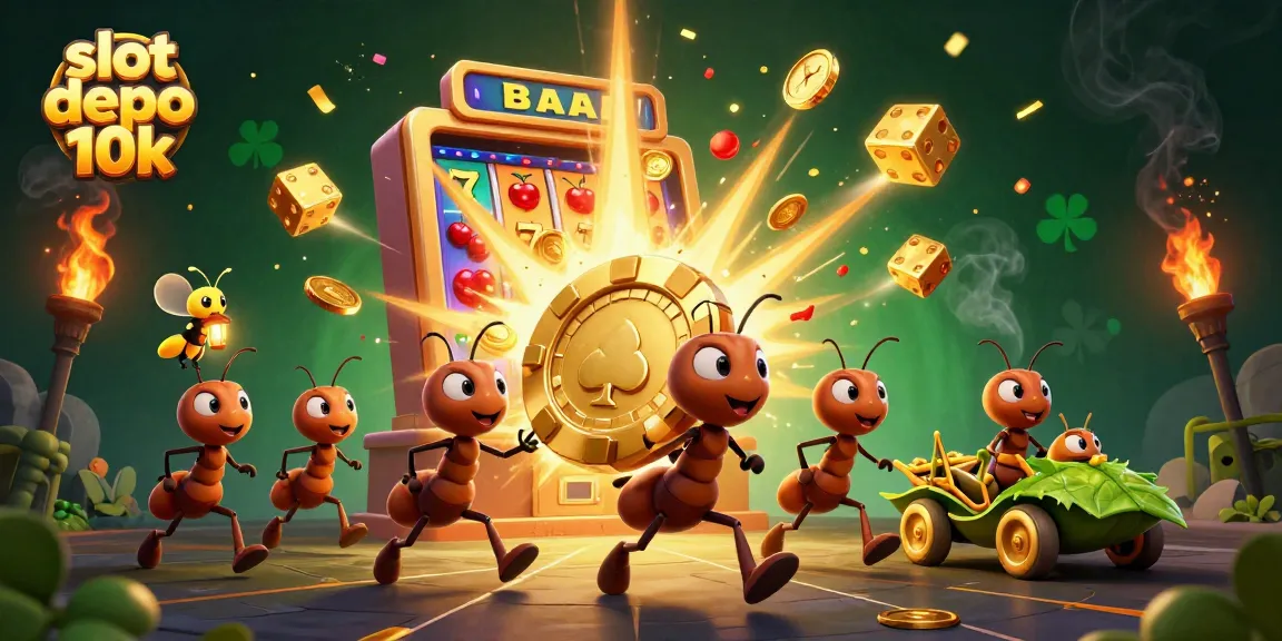 Experience the thrill of slot depo 10k with energetic ants heisting a giant poker chip and vibrant gaming symbols.