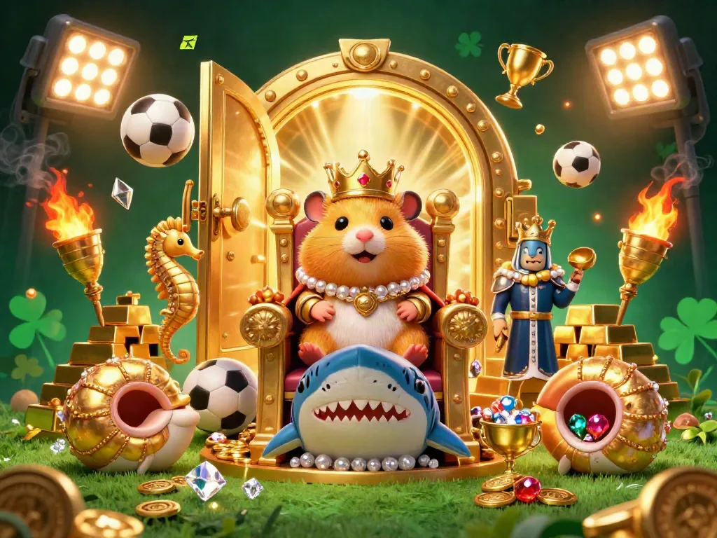 The Tỷ lệ kèo bóng đá scene features a golden hamster king on a shark tooth throne, surrounded by treasures, sports elements, and vibrant colors.