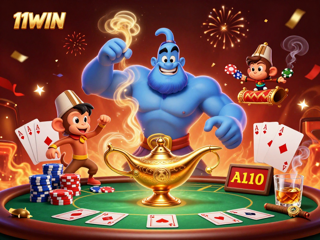 Experience thrilling gaming at 11WIN with a vibrant depiction of poker, chips, and celebration.