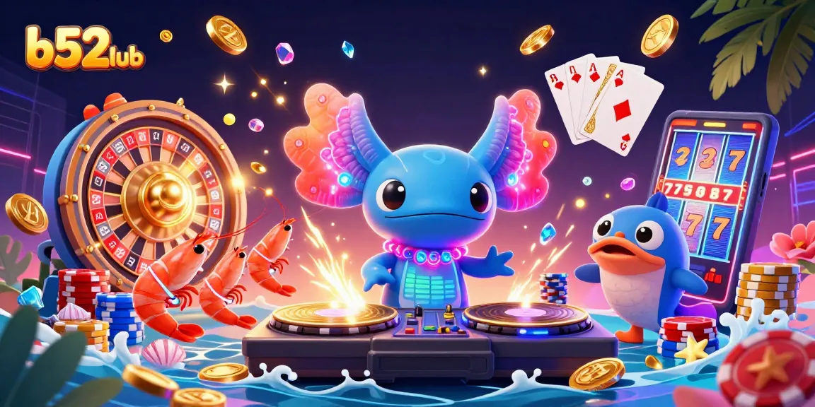 B52club showcases a vibrant underwater DJ scene with axolotl and shrimp, celebrating dynamic gaming excitement.
