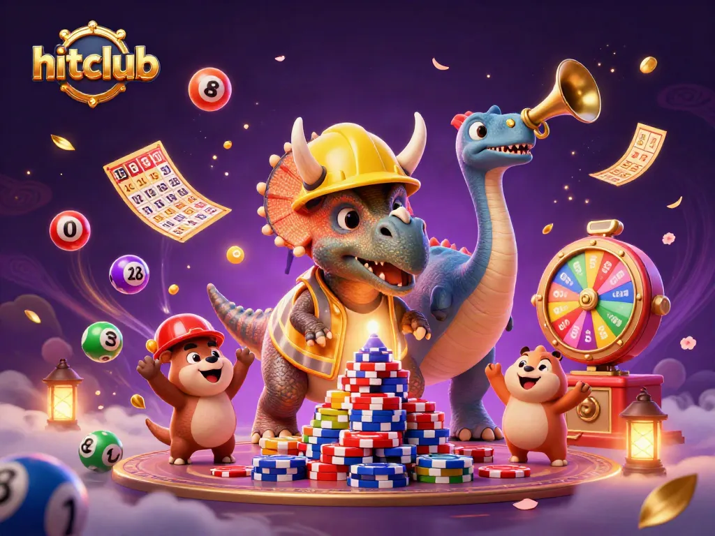 hitclub's vibrant gaming celebration featuring a triceratops and a parasaurolophus amidst dynamic casino action