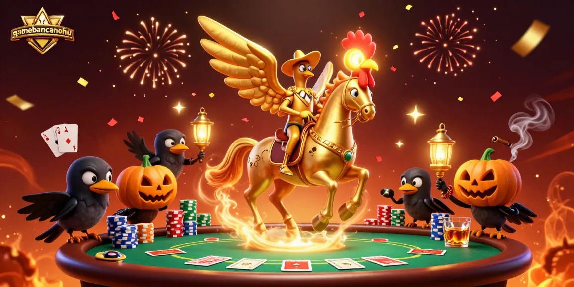Play poker with gamebancanohu in a vibrant casino scene featuring a golden rooster and crow companions.
