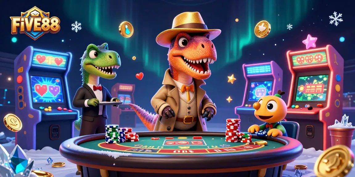 Engage with FIVE88's vibrant casino scene showcasing playful dinosaur characters at a blackjack table.