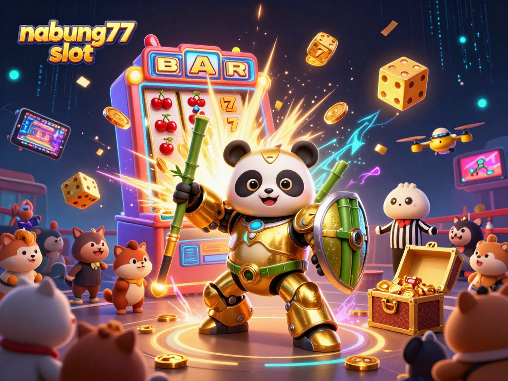 Engage in thrilling gameplay with nabung77 slot amidst a lively 3D casino scene featuring vibrant characters.