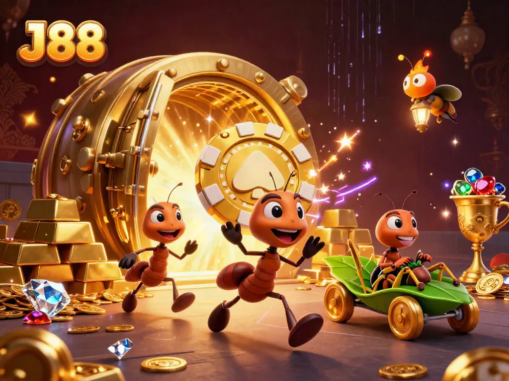 Join the J88 heist with 3D ants as they steal a giant golden poker chip amid treasure in a vibrant casino world.