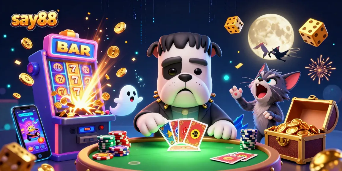 Engage in the excitement at say88 with a vibrant 3D cartoon illustration of slot games and casino characters.