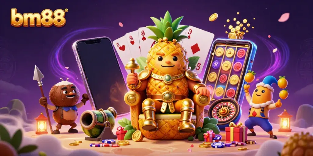 Spin impressive slot reels with bm88's vibrant casino characters amidst golden coins and festive excitement.