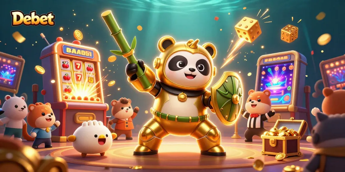 Experience the thrilling action at Debet with a golden panda piloting a bamboo robot amidst gambling excitement.