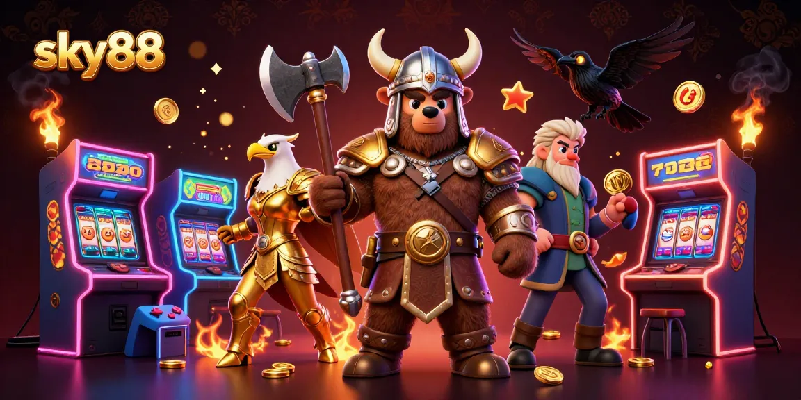 Engage with thrilling slots at sky88 in a vibrant 3D casino scene featuring dynamic characters.