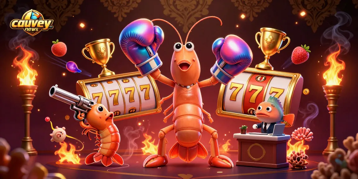 Play and win on cauverynews: vibrant 3D casino scene featuring shrimp characters, slot elements, and gold coins.