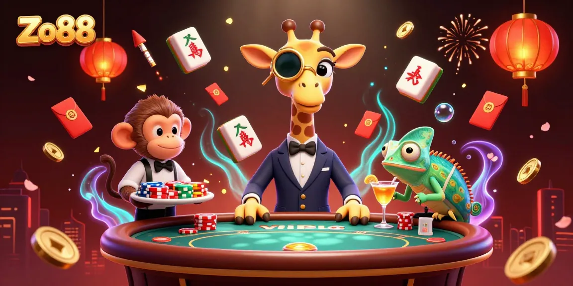 Experience the excitement of Zo88 with a high-roller giraffe, poker action, and vibrant casino elements.